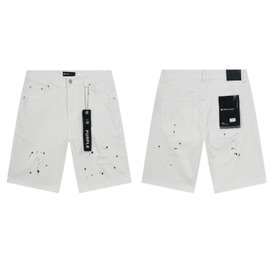 White Denim Shorts with Black Paint Splatter and Light Knee Distressing