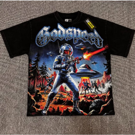 Godspeed American rock street style washed retro short-sleeved T-shirt